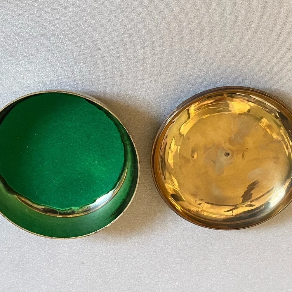 Vintage round green and gold tone floral motif jewelry box with lid